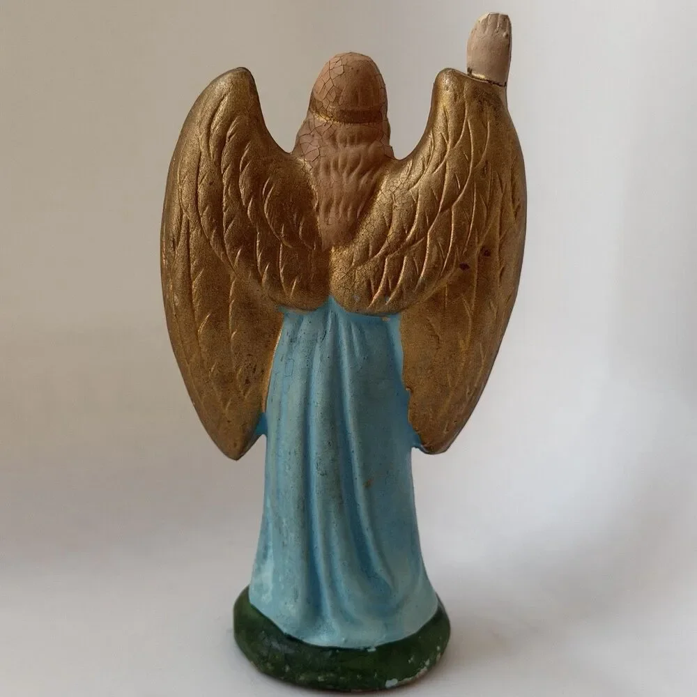Vintage German Nativity Angel Figurine 6” Blue Robe Gold Wings Hand Painted